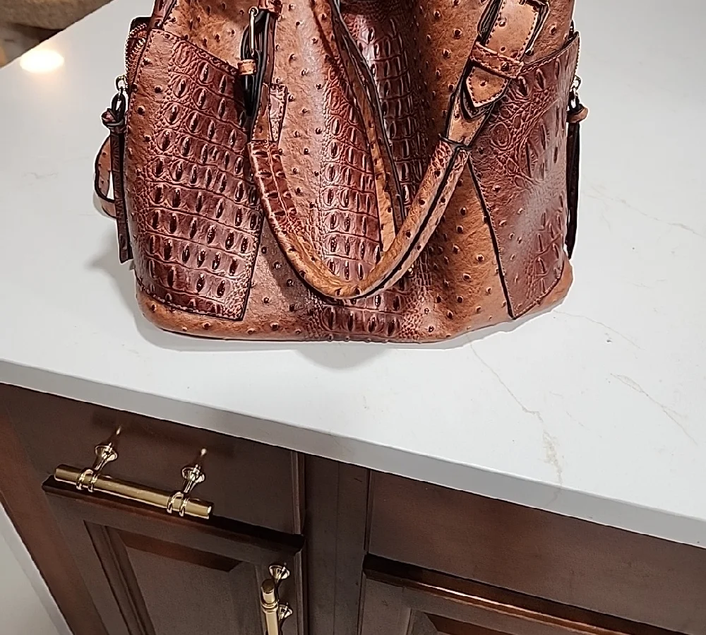 Elegant Brown Faux Ostrich Leather Handbag - Picture 2 of 12